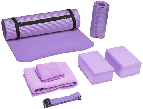 12 Piece Yoga Mat Set for any level - Includes 1 TPE Mat, 2 Yoga Foam  Blocks, 1 Stainless Steel Water Bottle, 1 D Ring Stretch Strap, 2 Massage  Balls